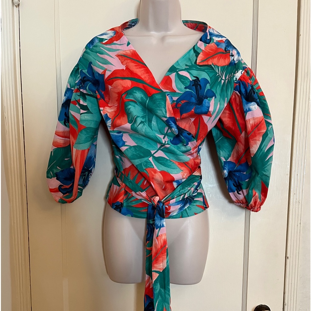 Zara Tropical Print Wrap Blouse